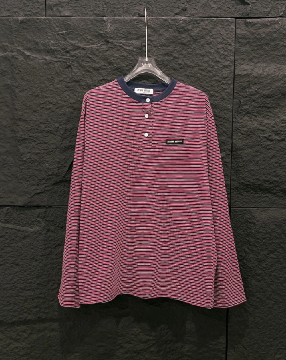 Miu Miu Pink and Navy Striped Long-Sleeve Henley